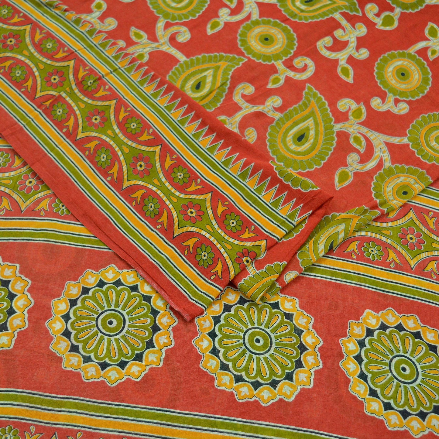 Indian Vintage Sari Green & Red Printed Pure Cotton Saree Craft Fabric 5Yd Sewing Sarong Wrap Boho Floral Crafting Upcycle Quilting Used