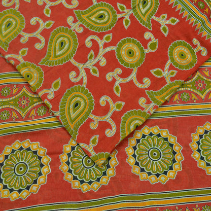 Indian Vintage Sari Green & Red Printed Pure Cotton Saree Craft Fabric 5Yd Sewing Sarong Wrap Boho Floral Crafting Upcycle Quilting Used