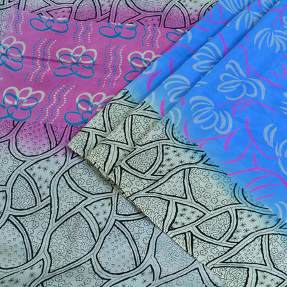Indian Vintage Sari Blue & Gray Pure Printed Crepe Silk Sarees 6yd Sewing Soft Craft Fabric Wrap Sewing Dress Making Crafting Quilting