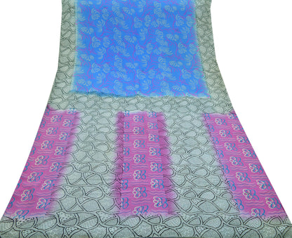 Indian Vintage Sari Blue & Gray Pure Printed Crepe Silk Sarees 6yd Sewing Soft Craft Fabric Wrap Sewing Dress Making Crafting Quilting