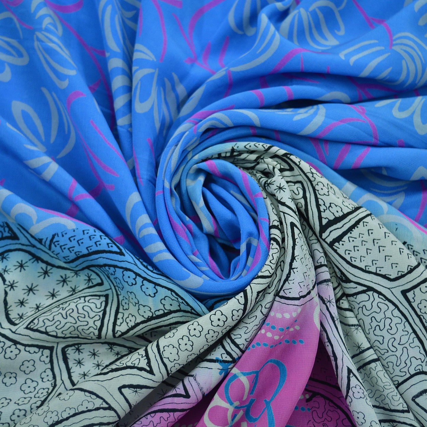 Indian Vintage Sari Blue & Gray Pure Printed Crepe Silk Sarees 6yd Sewing Soft Craft Fabric Wrap Sewing Dress Making Crafting Quilting