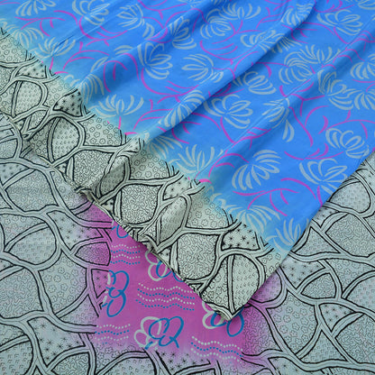 Indian Vintage Sari Blue & Gray Pure Printed Crepe Silk Sarees 6yd Sewing Soft Craft Fabric Wrap Sewing Dress Making Crafting Quilting