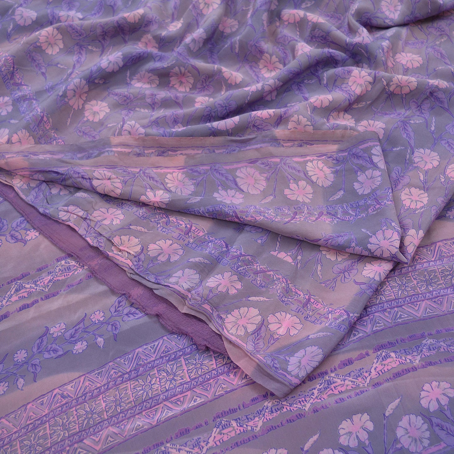 Indian Vintage Sari Pink & Purple Saree Pure Crepe Silk Printed Sarees 5yd Sewing Floral Soft Craft Fabric Wrap Crafting Dress making