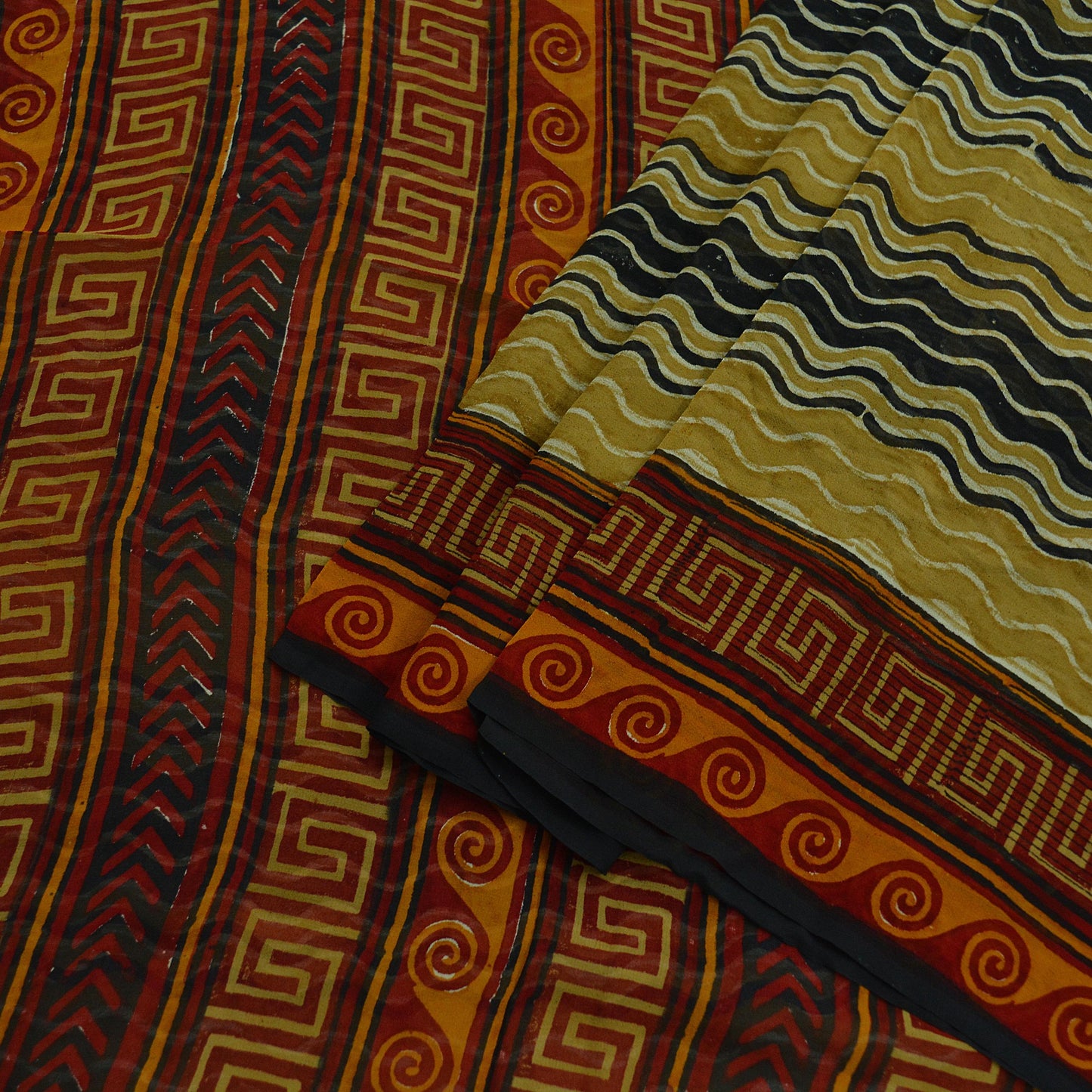 Indian Vintage Black & Saffron Saree 100% Pure Georgette Silk Printed Sari Sewing 5yd Craft Fabric Dress Designing for Crafting Dress making