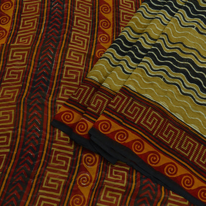 Indian Vintage Black & Saffron Saree 100% Pure Georgette Silk Printed Sari Sewing 5yd Craft Fabric Dress Designing for Crafting Dress making