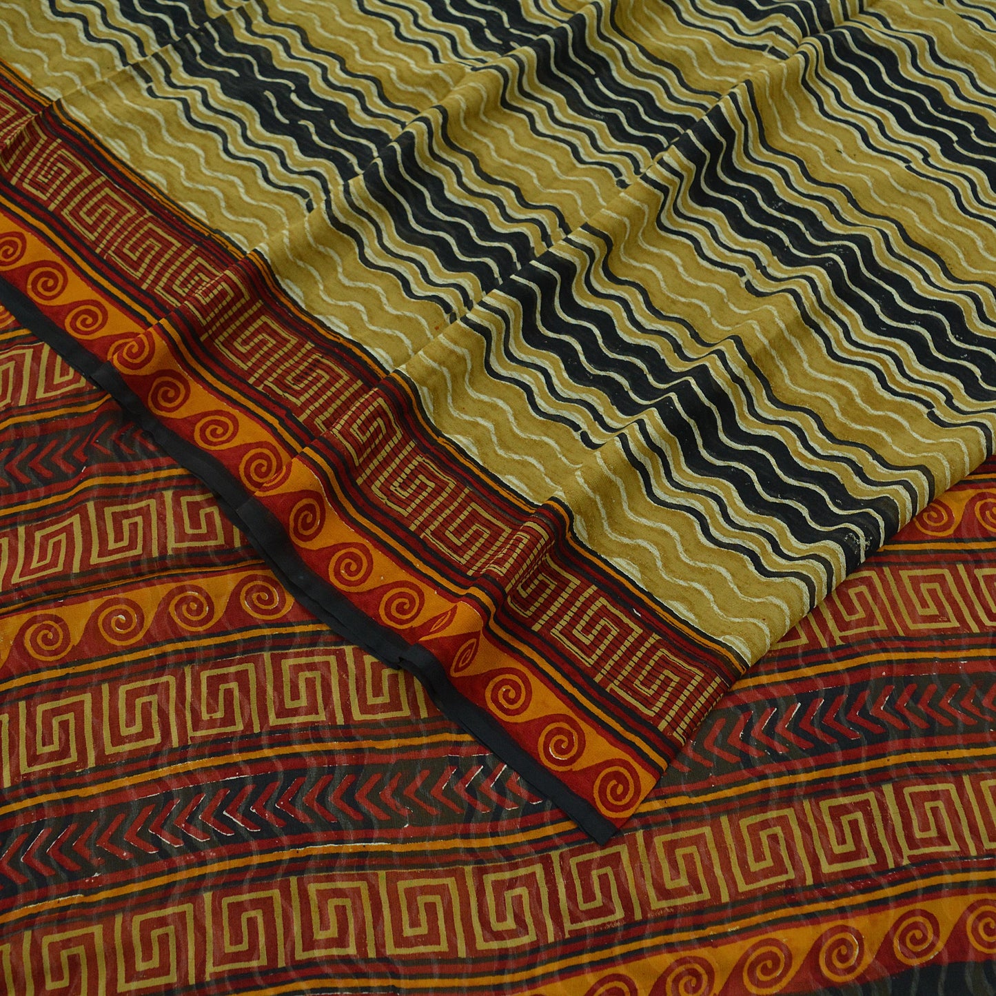 Indian Vintage Black & Saffron Saree 100% Pure Georgette Silk Printed Sari Sewing 5yd Craft Fabric Dress Designing for Crafting Dress making