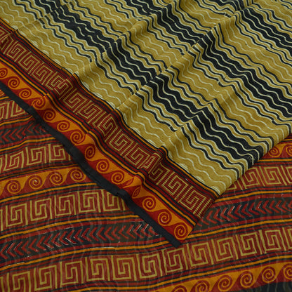 Indian Vintage Black & Saffron Saree 100% Pure Georgette Silk Printed Sari Sewing 5yd Craft Fabric Dress Designing for Crafting Dress making