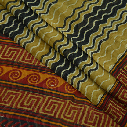 Indian Vintage Black & Saffron Saree 100% Pure Georgette Silk Printed Sari Sewing 5yd Craft Fabric Dress Designing for Crafting Dress making