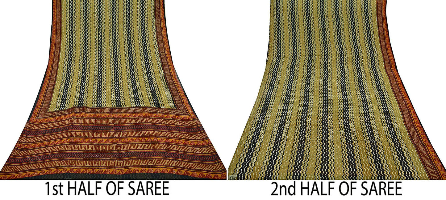 Indian Vintage Black & Saffron Saree 100% Pure Georgette Silk Printed Sari Sewing 5yd Craft Fabric Dress Designing for Crafting Dress making