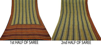 Indian Vintage Black & Saffron Saree 100% Pure Georgette Silk Printed Sari Sewing 5yd Craft Fabric Dress Designing for Crafting Dress making