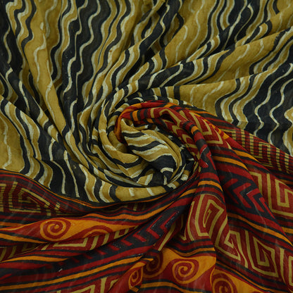 Indian Vintage Black & Saffron Saree 100% Pure Georgette Silk Printed Sari Sewing 5yd Craft Fabric Dress Designing for Crafting Dress making