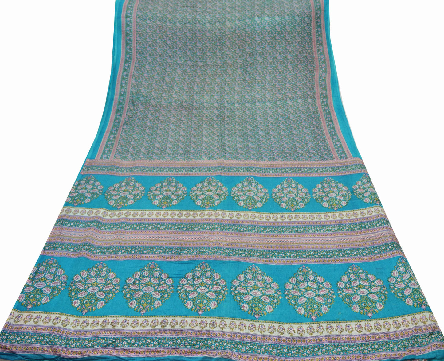 Indian Vintage Blue Saree Printed Pure Cotton Sari Craft Fabric Soft 5Yd Sewing Sarong Wrap Boho Floral Dress making Crafting Quilting