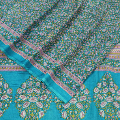 Indian Vintage Blue Saree Printed Pure Cotton Sari Craft Fabric Soft 5Yd Sewing Sarong Wrap Boho Floral Dress making Crafting Quilting