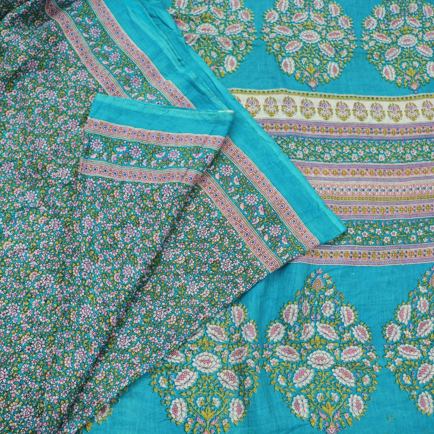 Indian Vintage Blue Saree Printed Pure Cotton Sari Craft Fabric Soft 5Yd Sewing Sarong Wrap Boho Floral Dress making Crafting Quilting