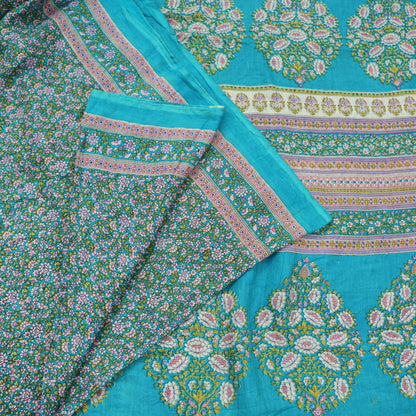 Indian Vintage Blue Saree Printed Pure Cotton Sari Craft Fabric Soft 5Yd Sewing Sarong Wrap Boho Floral Dress making Crafting Quilting
