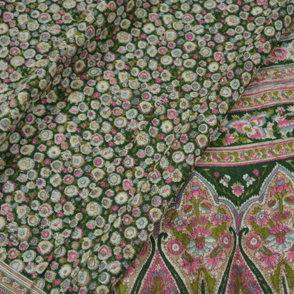 Indian Vintage Green Saree Printed Pure Cotton Sari Craft Fabric Soft 5Yd Sewing Sarong Wrap Boho Floral Dress making Crafting Quilting