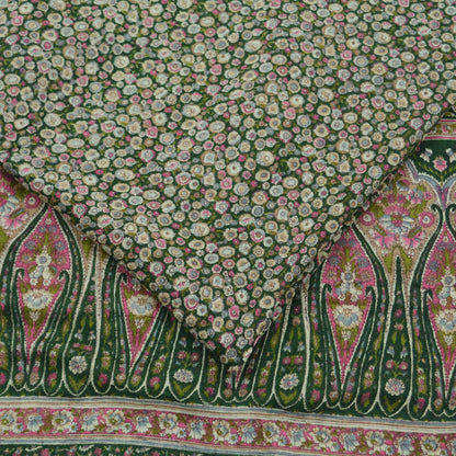 Indian Vintage Green Saree Printed Pure Cotton Sari Craft Fabric Soft 5Yd Sewing Sarong Wrap Boho Floral Dress making Crafting Quilting