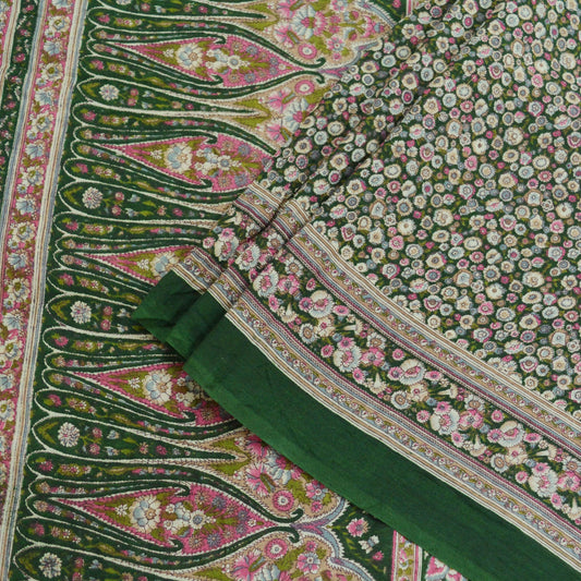 Indian Vintage Green Saree Printed Pure Cotton Sari Craft Fabric Soft 5Yd Sewing Sarong Wrap Boho Floral Dress making Crafting Quilting