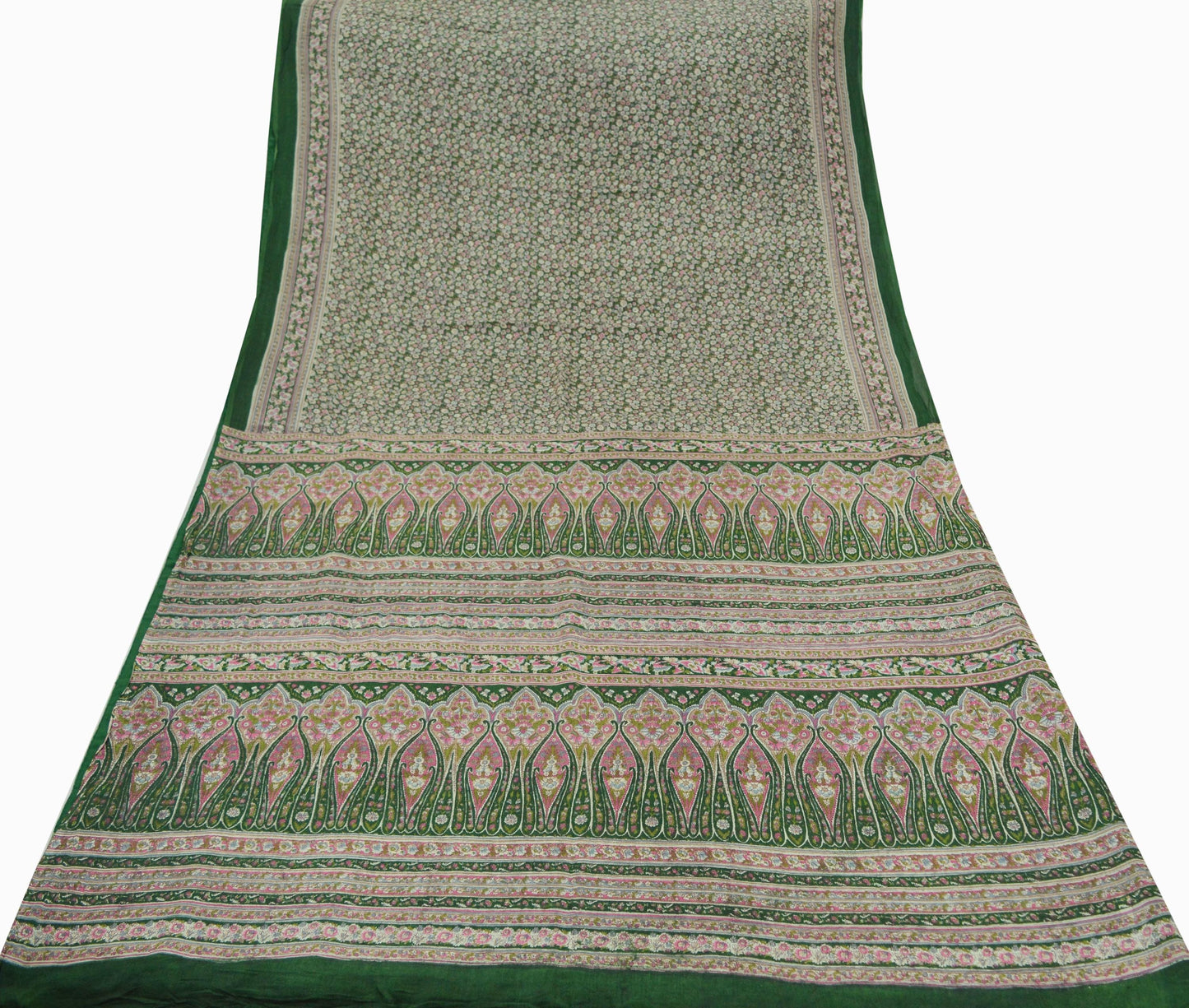 Indian Vintage Green Saree Printed Pure Cotton Sari Craft Fabric Soft 5Yd Sewing Sarong Wrap Boho Floral Dress making Crafting Quilting