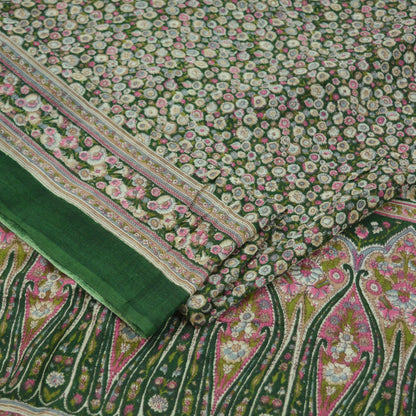 Indian Vintage Green Saree Printed Pure Cotton Sari Craft Fabric Soft 5Yd Sewing Sarong Wrap Boho Floral Dress making Crafting Quilting