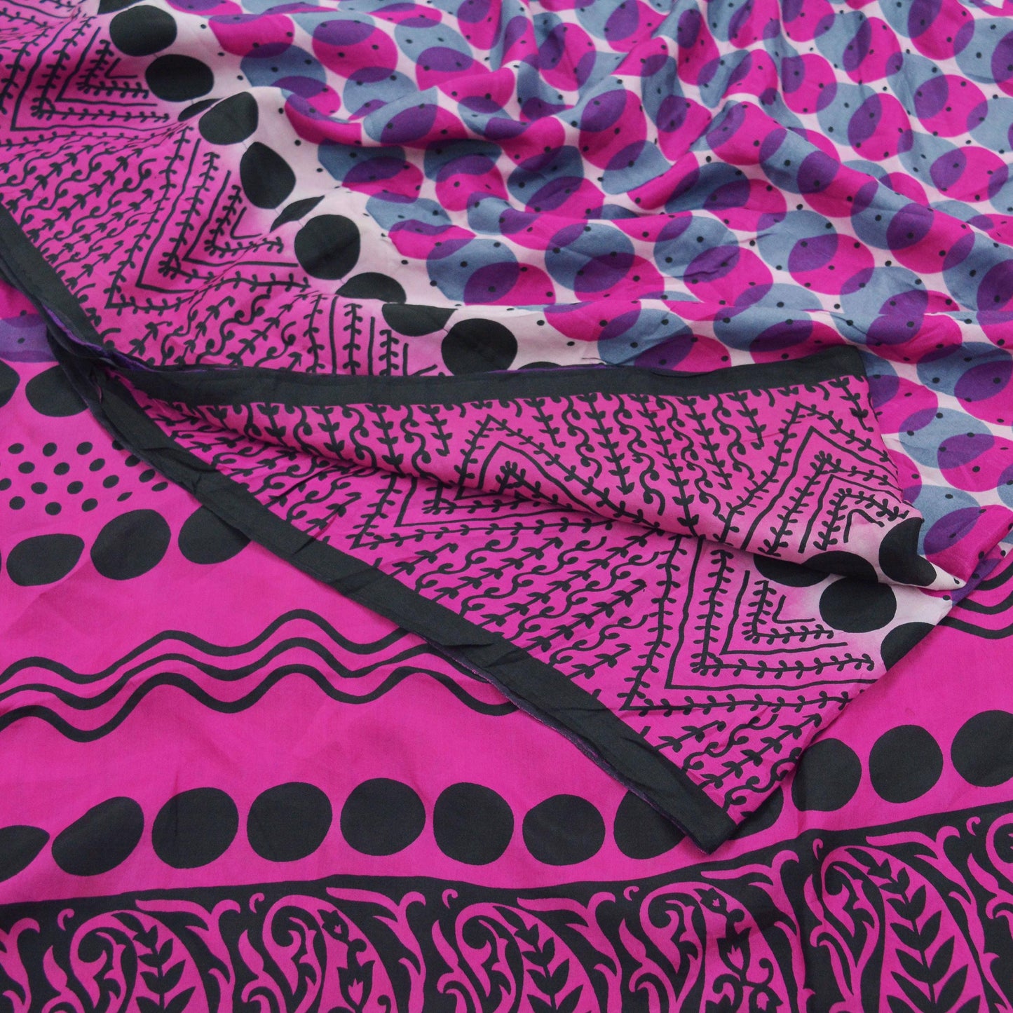 Indian Vintage Purple & Black Saree 100% Pure Silk Printed Sari Craft Fabric 6yd Sewing Dress Making Soft Floral Crafting Quilting Upcycle