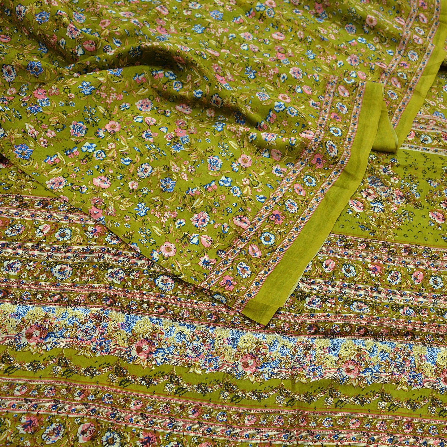 Indian Vintage Sari Green Pure Silk Printed Sarees 6yd Sewing Craft Fabric Dress Making  Soft Floral Wrap Upcycle Used Quilting Crafting