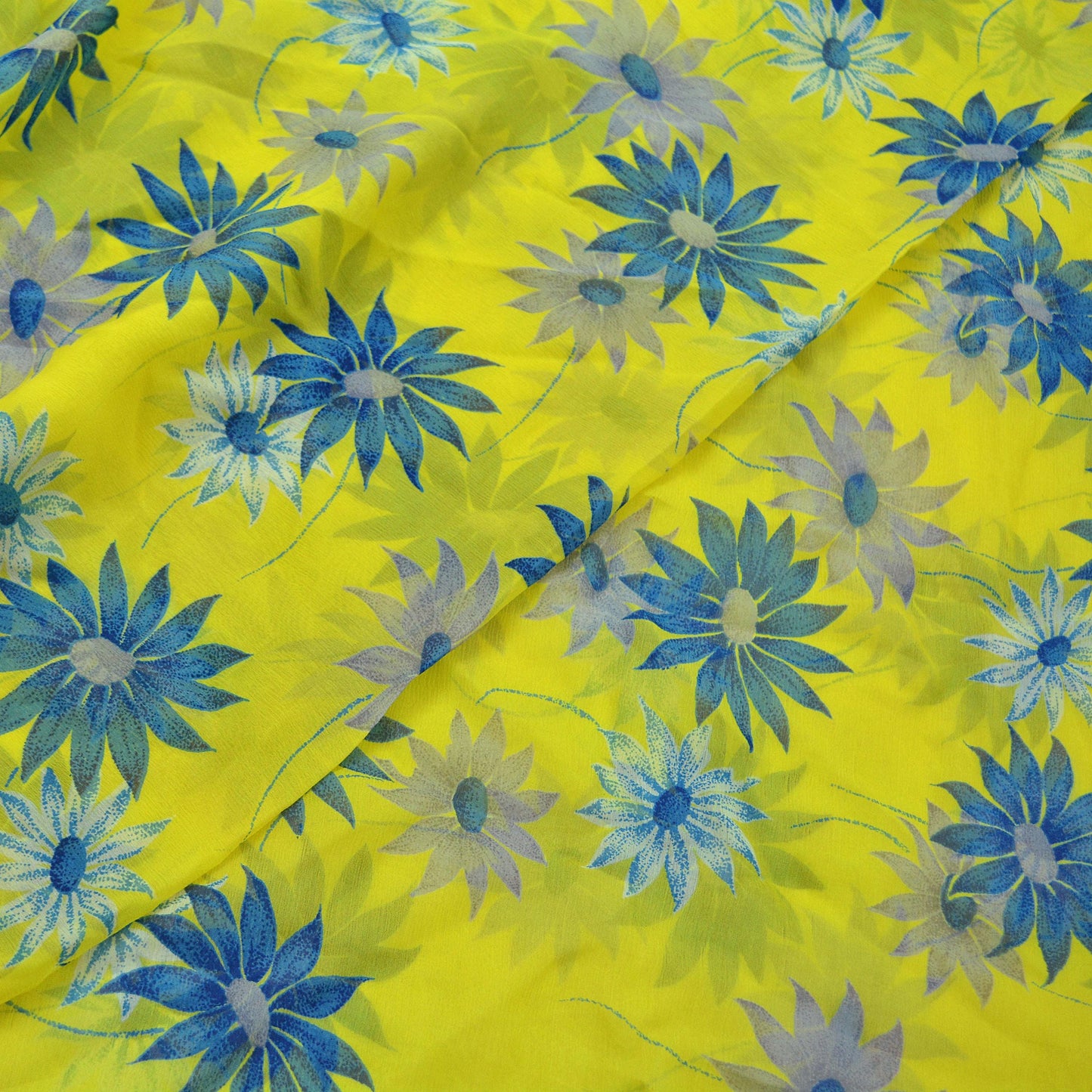 Vintage Sari Yellow & Green 100% Pure Chiffon Silk Printed Sarees Sewing 5yd Craft Fabric Soft Dress Designing for Crafting Floral