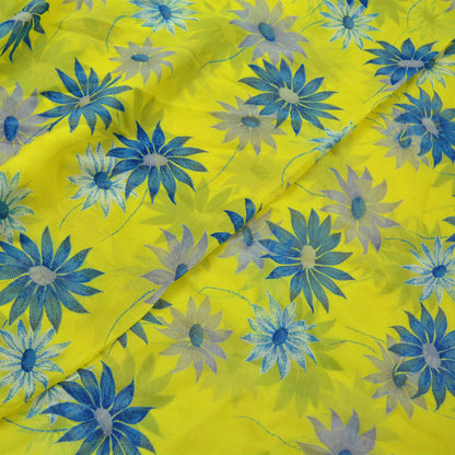 Vintage Sari Yellow & Green 100% Pure Chiffon Silk Printed Sarees Sewing 5yd Craft Fabric Soft Dress Designing for Crafting Floral