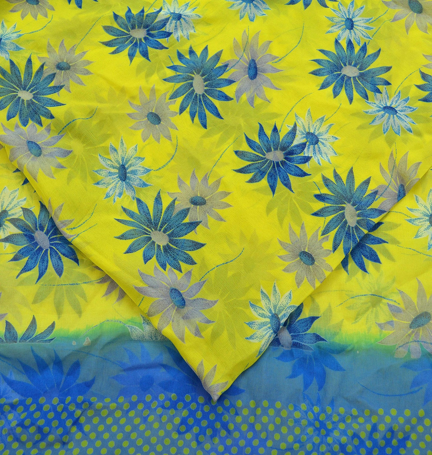 Vintage Sari Yellow & Green 100% Pure Chiffon Silk Printed Sarees Sewing 5yd Craft Fabric Soft Dress Designing for Crafting Floral