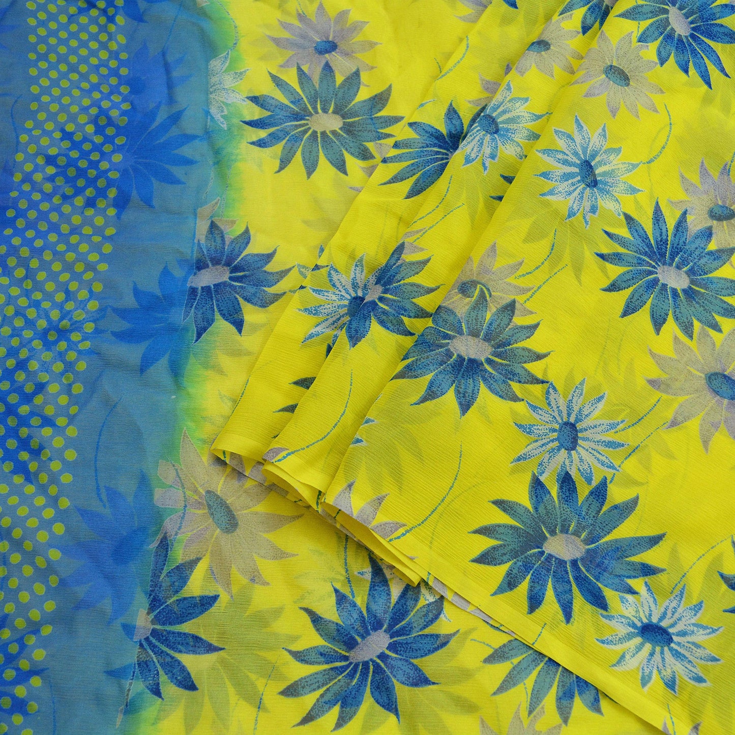 Vintage Sari Yellow & Green 100% Pure Chiffon Silk Printed Sarees Sewing 5yd Craft Fabric Soft Dress Designing for Crafting Floral