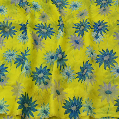 Vintage Sari Yellow & Green 100% Pure Chiffon Silk Printed Sarees Sewing 5yd Craft Fabric Soft Dress Designing for Crafting Floral