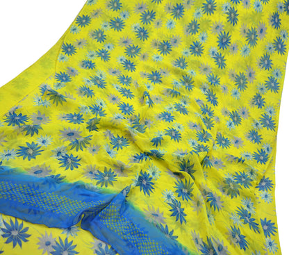 Vintage Sari Yellow & Green 100% Pure Chiffon Silk Printed Sarees Sewing 5yd Craft Fabric Soft Dress Designing for Crafting Floral