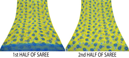 Vintage Sari Yellow & Green 100% Pure Chiffon Silk Printed Sarees Sewing 5yd Craft Fabric Soft Dress Designing for Crafting Floral