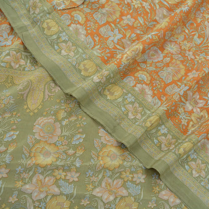 EXCELLENT QUALITY Indian Vintage Orange & Green Saree Pure Crepe Silk Printed Sari Craft Fabric 5yd Sewing Floral Soft Wrap Dress making