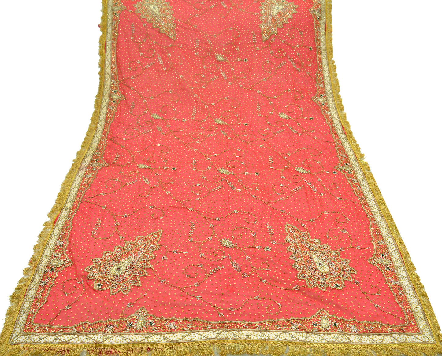 Indian Vintage Heavy Bridal Dupatta Red Pure Chiffon Silk Long Stole Hand Embroidered Hijab Scarf Zardozi/Dabka Zari 1980s Wedding Dupatta