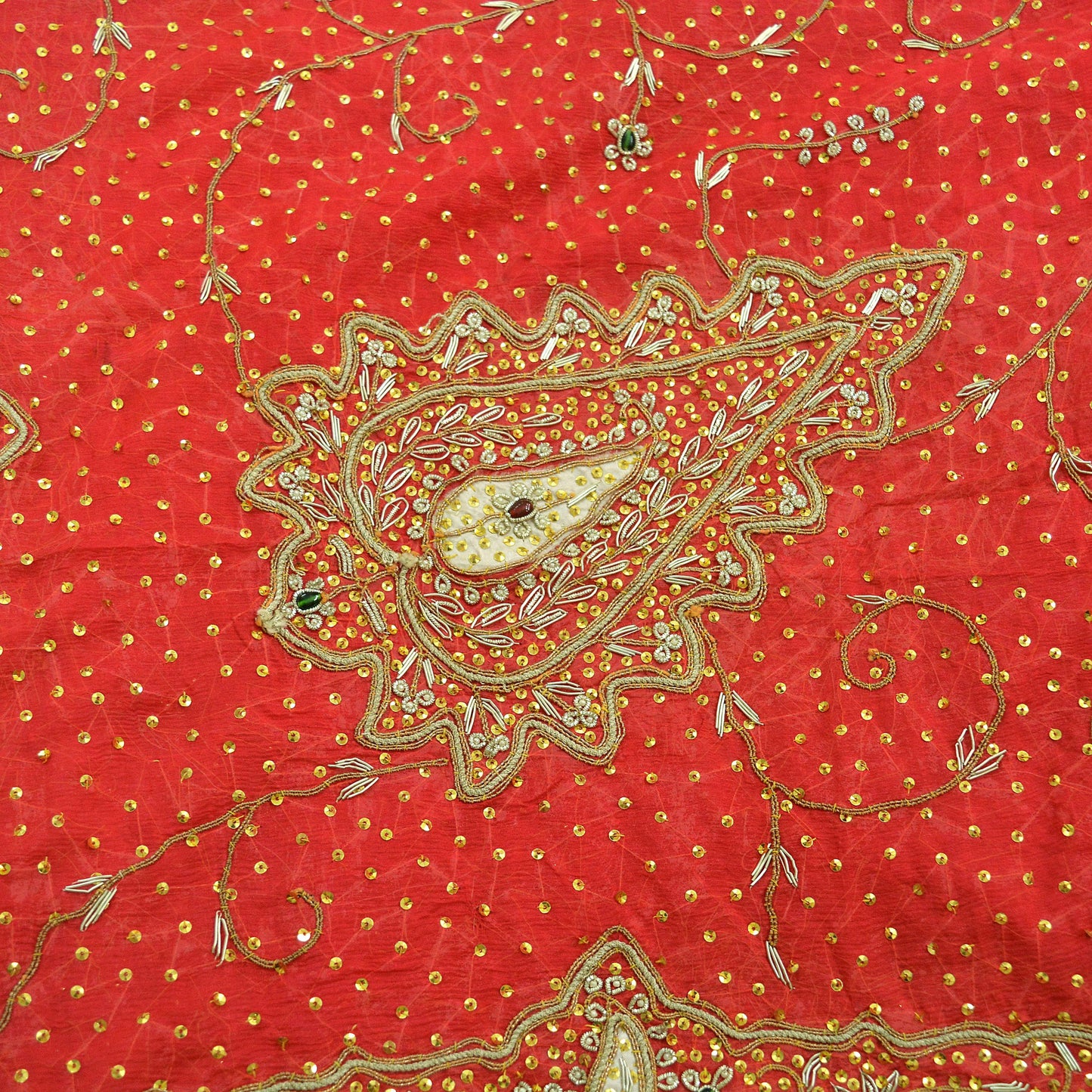 Indian Vintage Heavy Bridal Dupatta Red Pure Chiffon Silk Long Stole Hand Embroidered Hijab Scarf Zardozi/Dabka Zari 1980s Wedding Dupatta