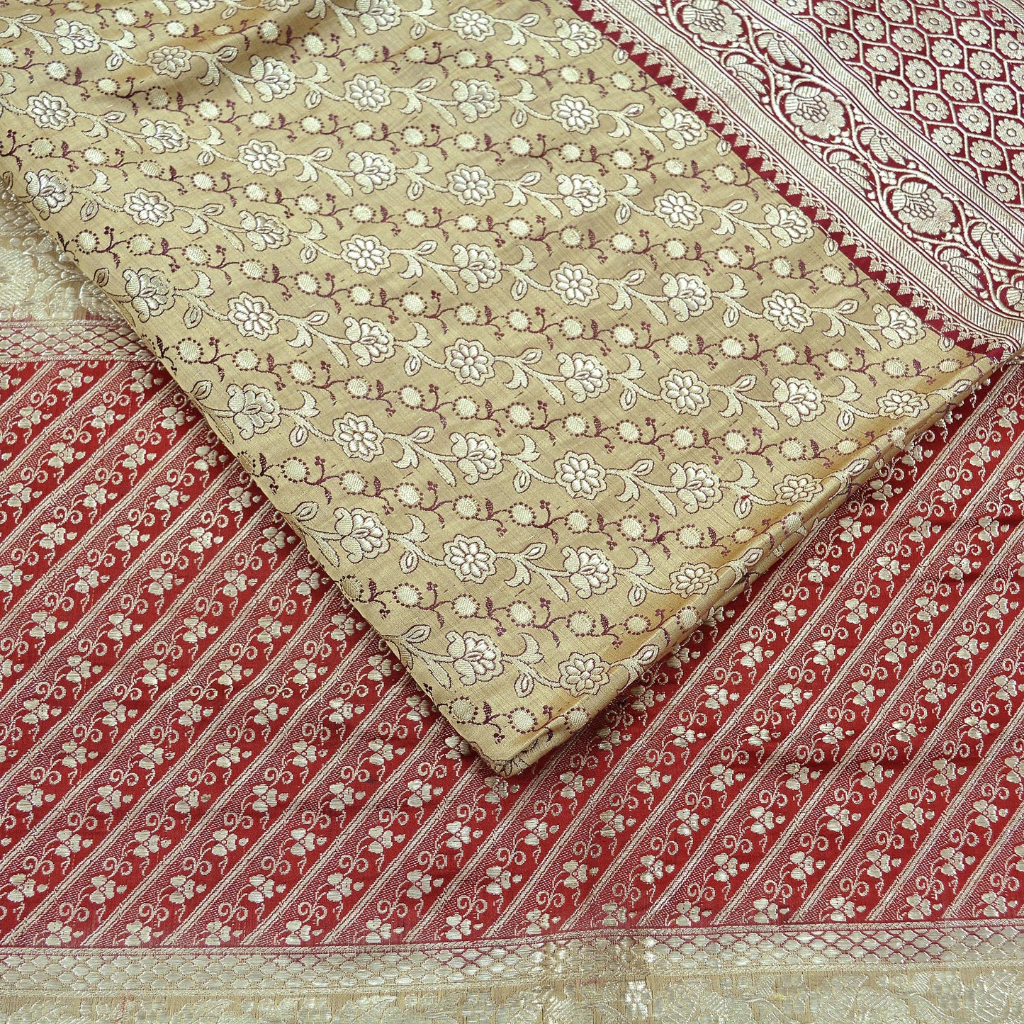 Indian Vintage Beige & Red Heavy Saree Pure Satin Silk Woven Brocade Banarasi Sari Fabric Zari Ethnic 5Yd Bridal Wedding Banarasi sari