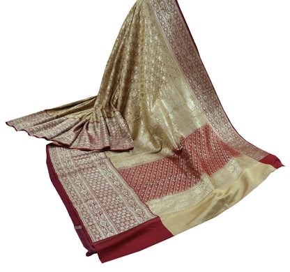 Indian Vintage Beige & Red Heavy Saree Pure Satin Silk Woven Brocade Banarasi Sari Fabric Zari Ethnic 5Yd Bridal Wedding Banarasi sari