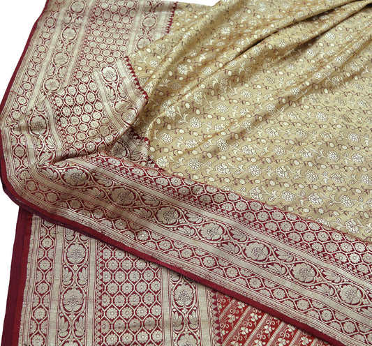 Indian Vintage Beige & Red Heavy Saree Pure Satin Silk Woven Brocade Banarasi Sari Fabric Zari Ethnic 5Yd Bridal Wedding Banarasi sari