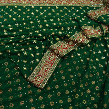 Indian Vintage Green Saree Pure Georgette Silk Hand Beaded Sari Craft Fabric 5Yd Sewing Zari Ethnic Bridal/Wedding Sarees Bollywood sari