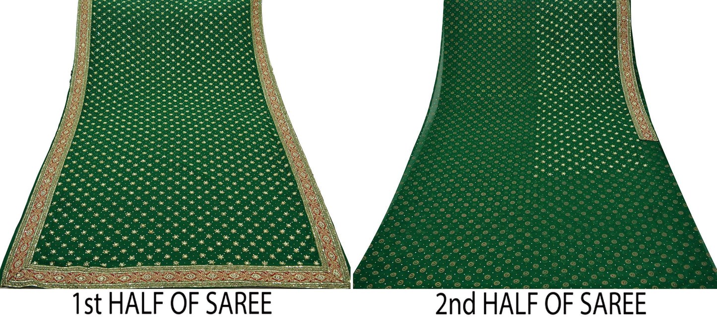 Indian Vintage Green Saree Pure Georgette Silk Hand Beaded Sari Craft Fabric 5Yd Sewing Zari Ethnic Bridal/Wedding Sarees Bollywood sari