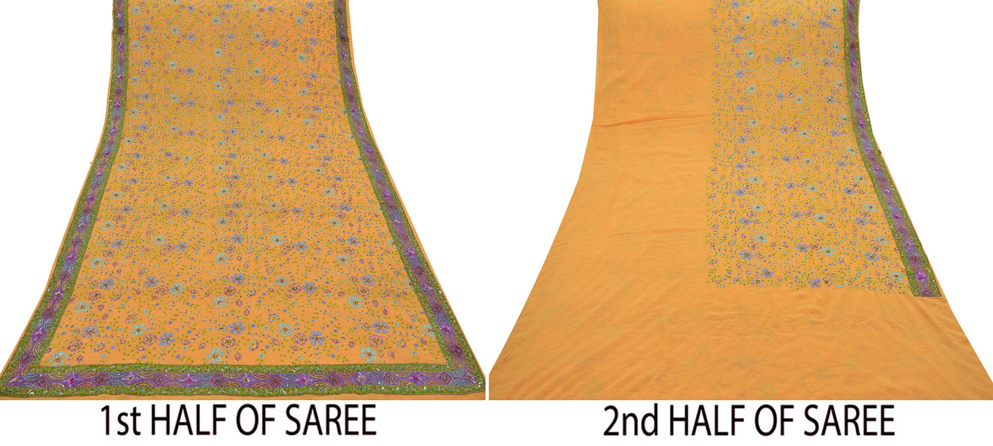 Indian Vintage Heavy Sari Saffron Pure Georgette Silk Hand Beaded Sarees Craft Fabric 5Yd Sewing Dress Making Ethnic Wedding Sarees Crafting