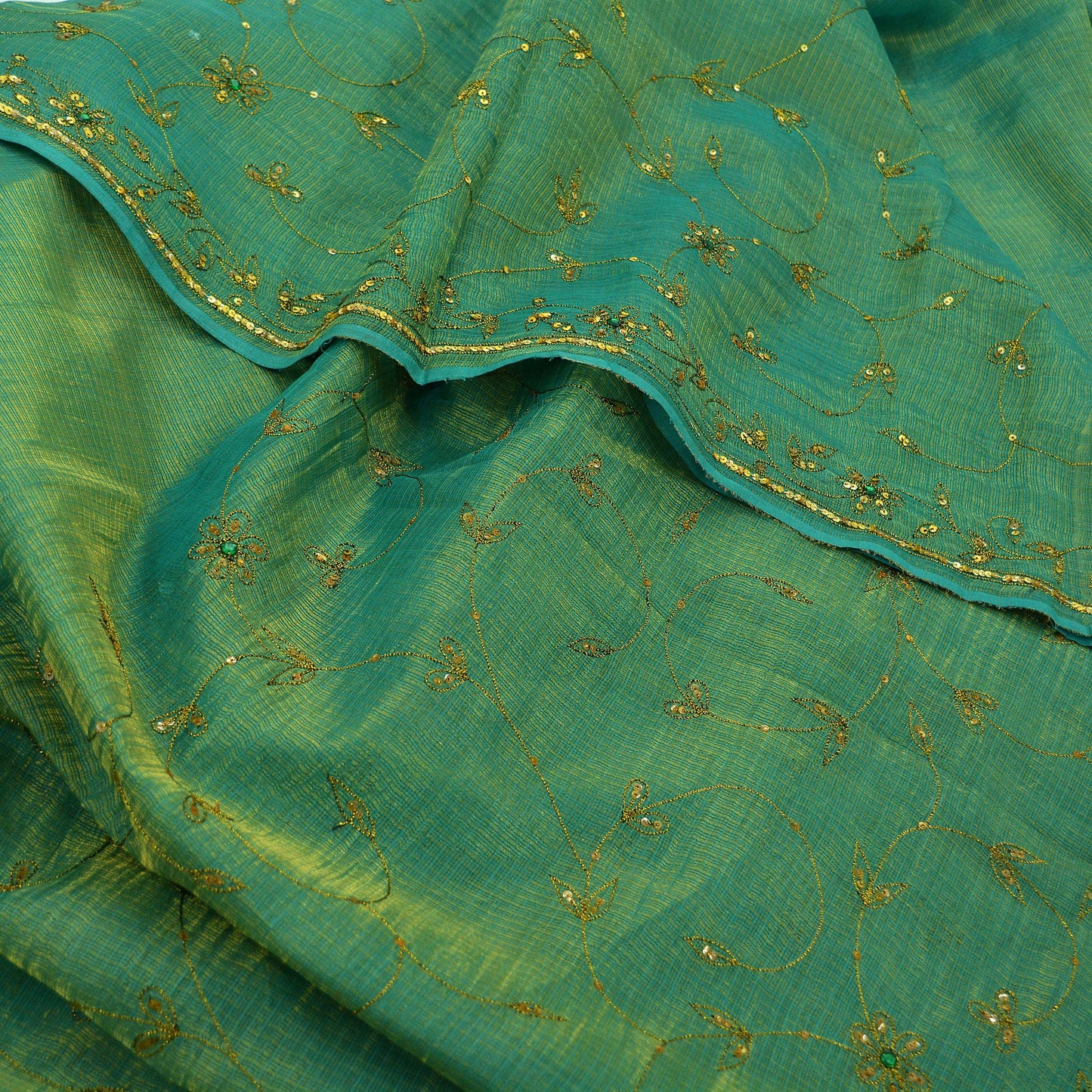 Indian Vintage Heavy Green Saree Pure Cotton Hand Embroidered Sari Craft Fabric 6yd Soft Zari Sequins Sewing Dress making Wedding Sari