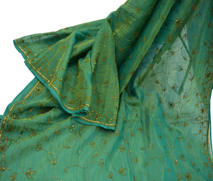 Indian Vintage Heavy Green Saree Pure Cotton Hand Embroidered Sari Craft Fabric 6yd Soft Zari Sequins Sewing Dress making Wedding Sari