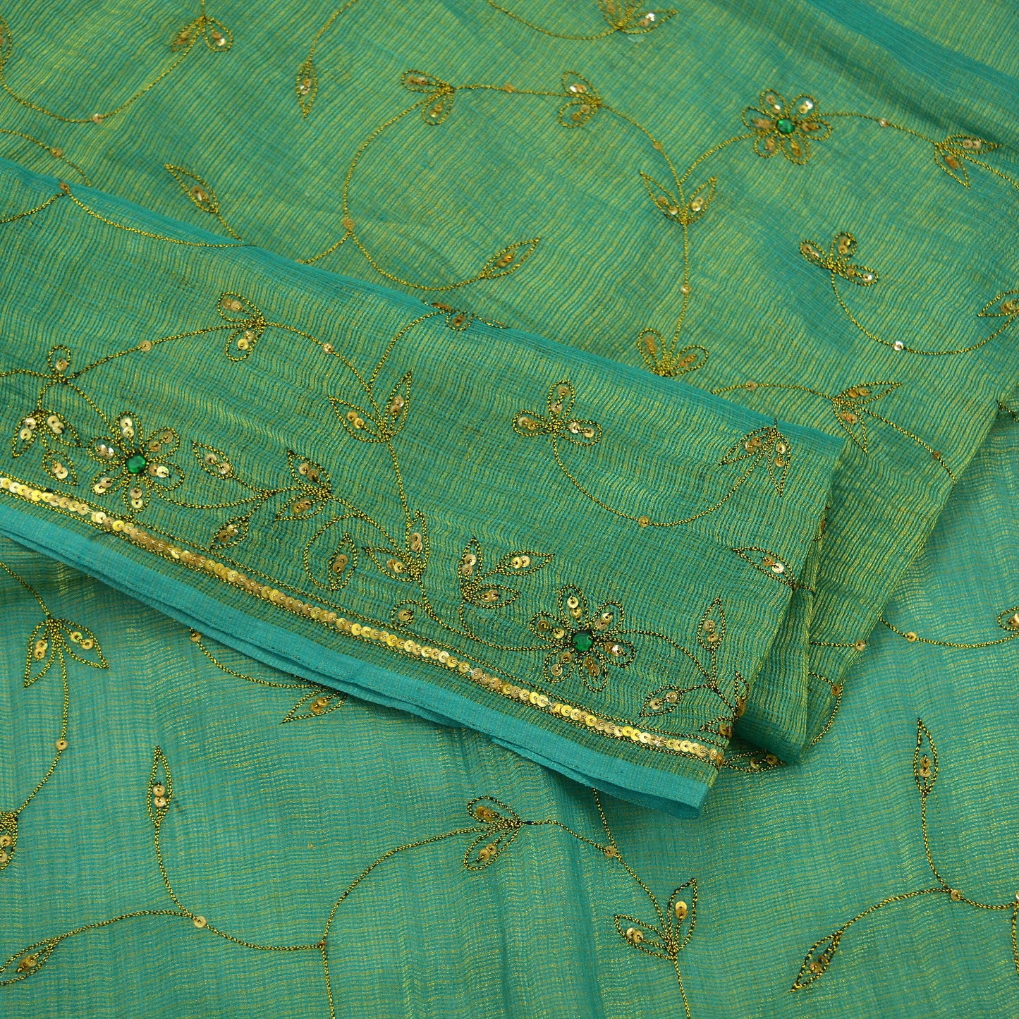 Indian Vintage Heavy Green Saree Pure Cotton Hand Embroidered Sari Craft Fabric 6yd Soft Zari Sequins Sewing Dress making Wedding Sari