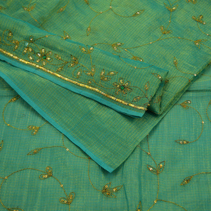 Indian Vintage Heavy Green Saree Pure Cotton Hand Embroidered Sari Craft Fabric 6yd Soft Zari Sequins Sewing Dress making Wedding Sari