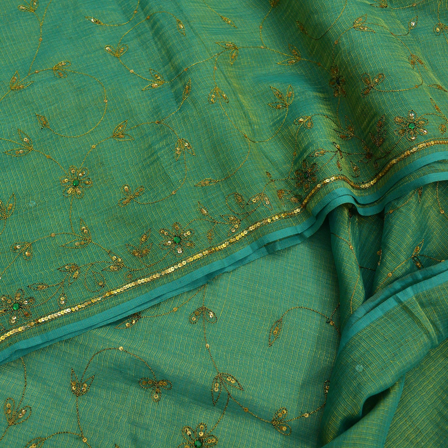 Indian Vintage Heavy Green Saree Pure Cotton Hand Embroidered Sari Craft Fabric 6yd Soft Zari Sequins Sewing Dress making Wedding Sari