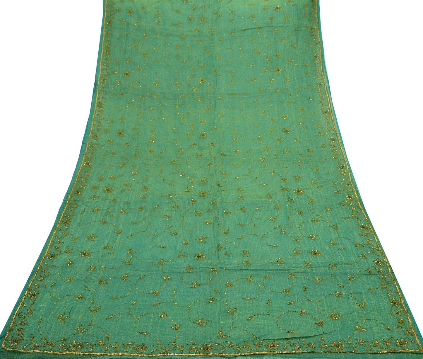 Indian Vintage Heavy Green Saree Pure Cotton Hand Embroidered Sari Craft Fabric 6yd Soft Zari Sequins Sewing Dress making Wedding Sari