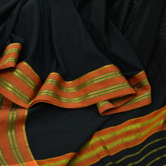 Indian Vintage Sari Black Pure Cotton Hand Woven Sarees 6yd Craft Fabric Ethnic Soft Sewing Zari Dress making Quitting Crafting Upcycle
