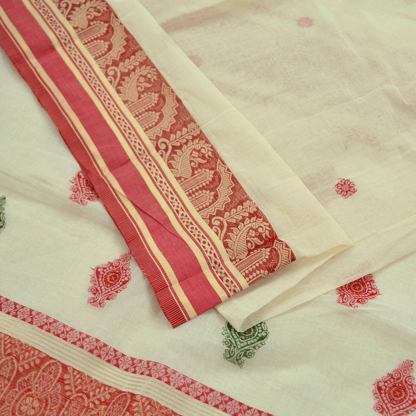 Indian Vintage Sarees Ivory Pure Cotton Hand Woven Sari 5yd Ethnic Floral Craft Fabric Dress making Upcycle Crafting Quilting